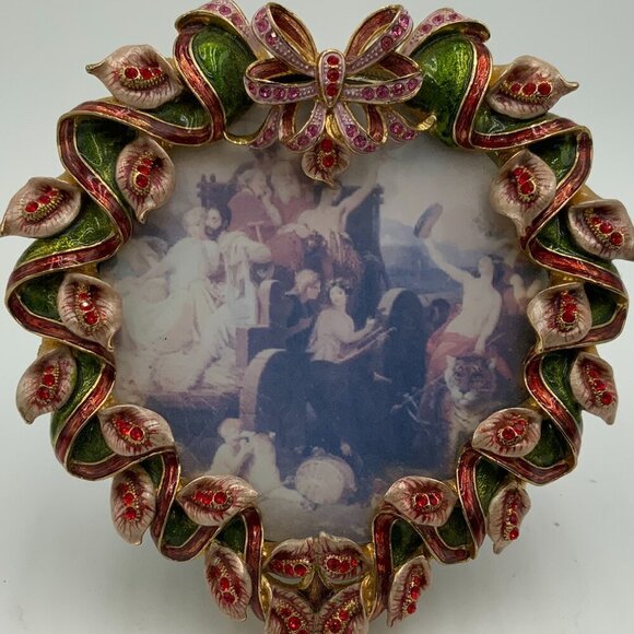 NEW Heart Shape Enameled Gold Toned Picture Frame Red Rhinestones & Green Leaves - Picture 5 of 6